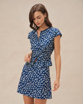 Blusa Azul Floral Manga Corta Abullonada Botones