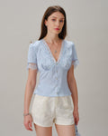 Blusa Azul Cuello V Encaje Jacquard