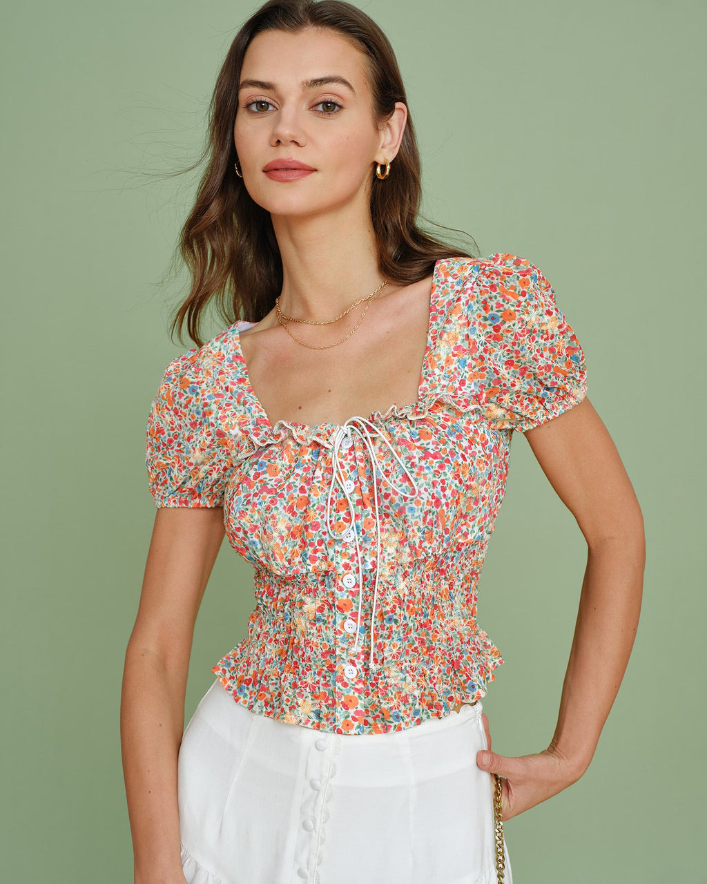 Blusa Floral Cuello Cuadrado Manga Abullonada