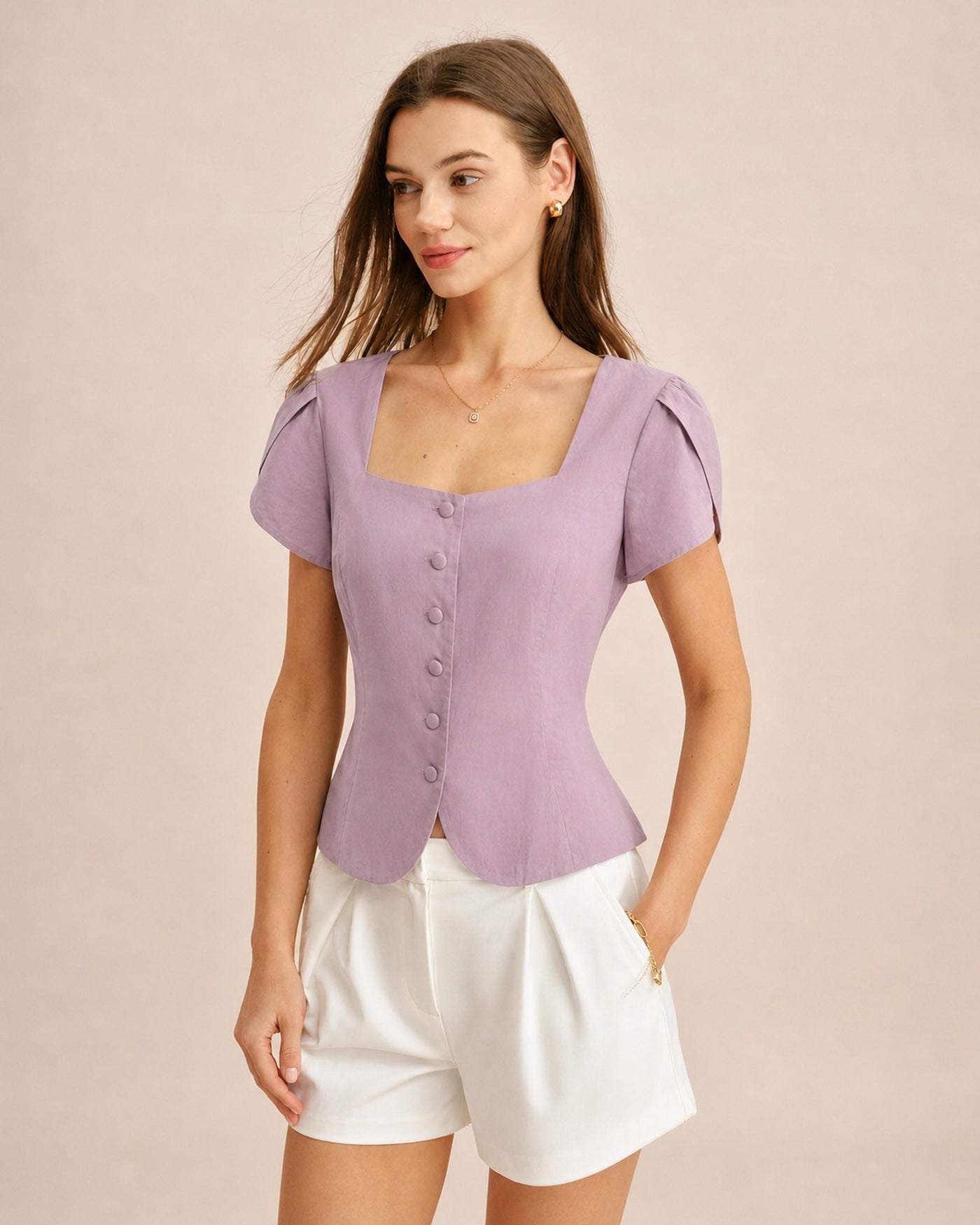 Blusa Morada Cuello Cuadrado Manga Pétalo