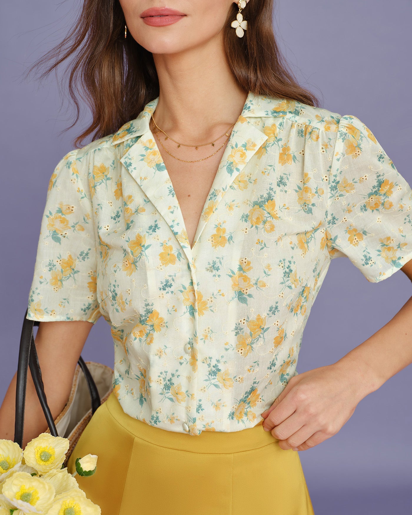 Blusa Amarilla Cuello Manga Abullonada Floral