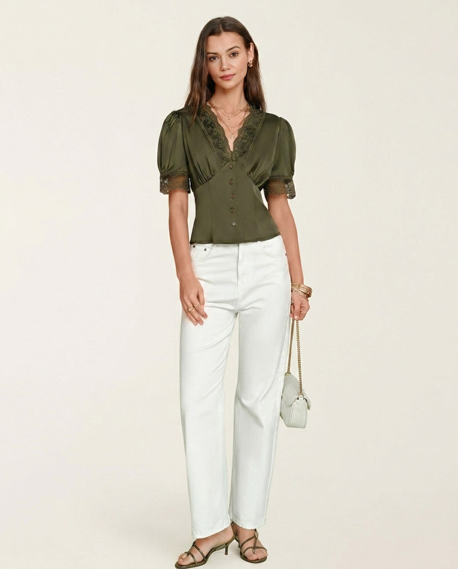 Blusa Verde Cuello V Manga Abullonada Encaje