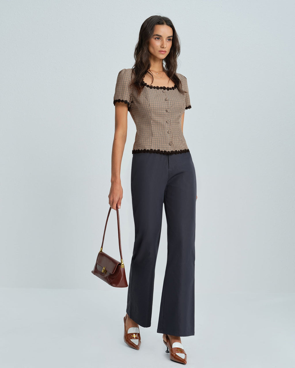Blusa Café Cuello Cuadrado Cuadros