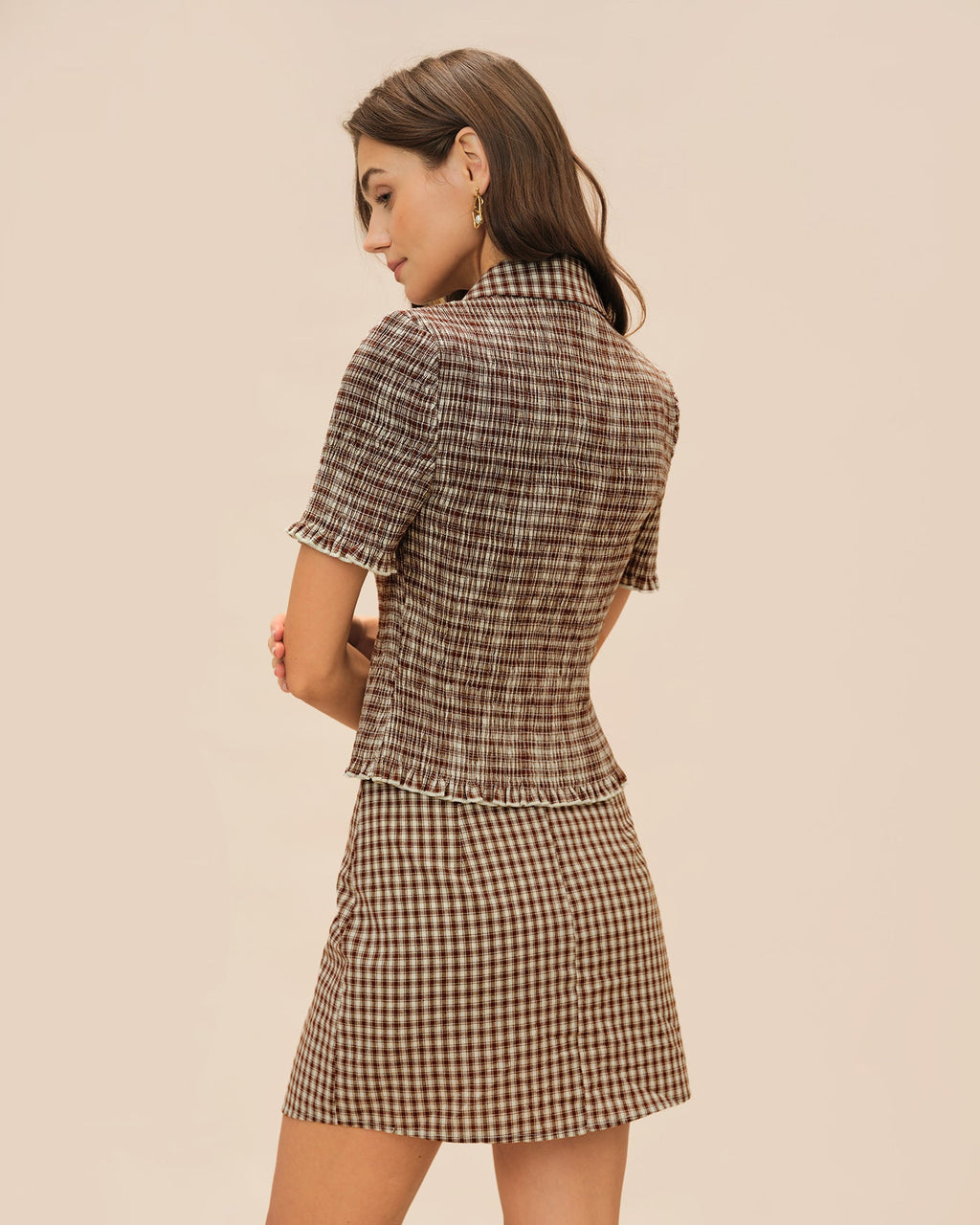 Blusa Marrón Cuadros Botones Cuello