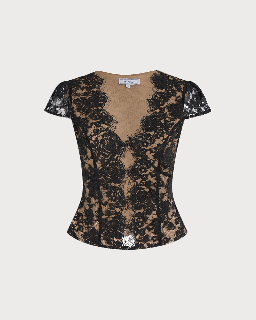 Blusa Negra Cuello V Encaje Botones