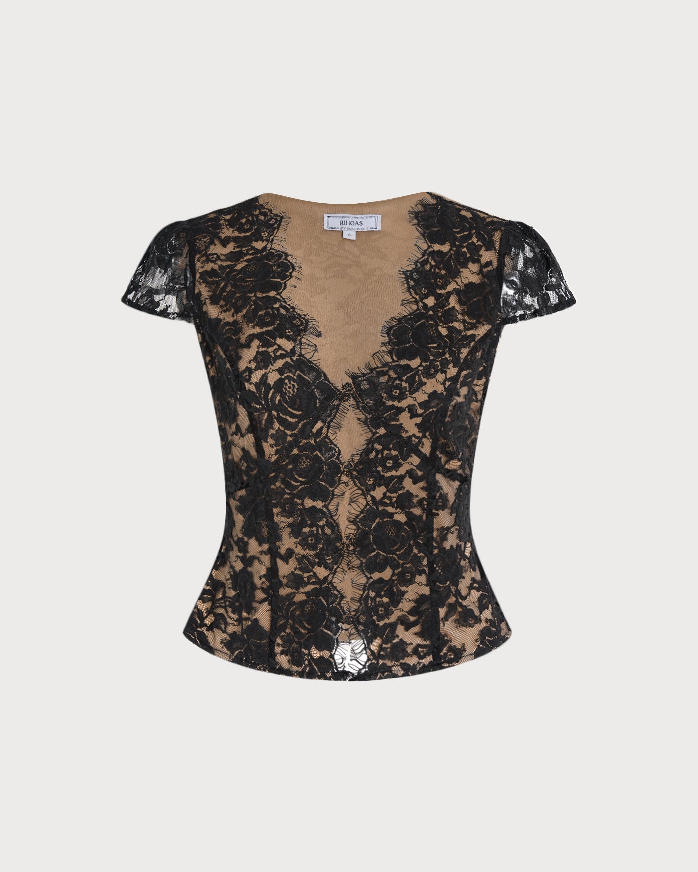 Blusa Negra Cuello V Encaje Botones