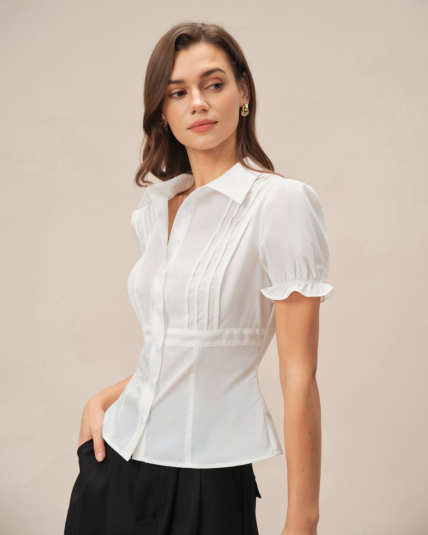 Blusa Blanca Manga Abullonada Cuello