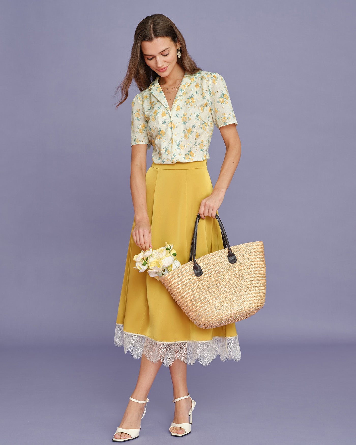 Blusa Amarilla Cuello Manga Abullonada Floral