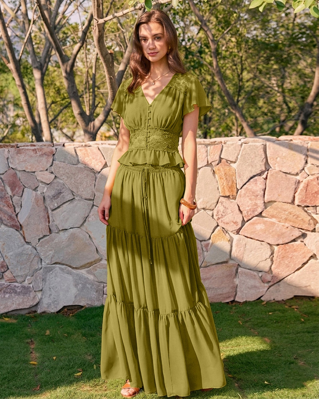 Blusa Verde Cuello V Fruncido