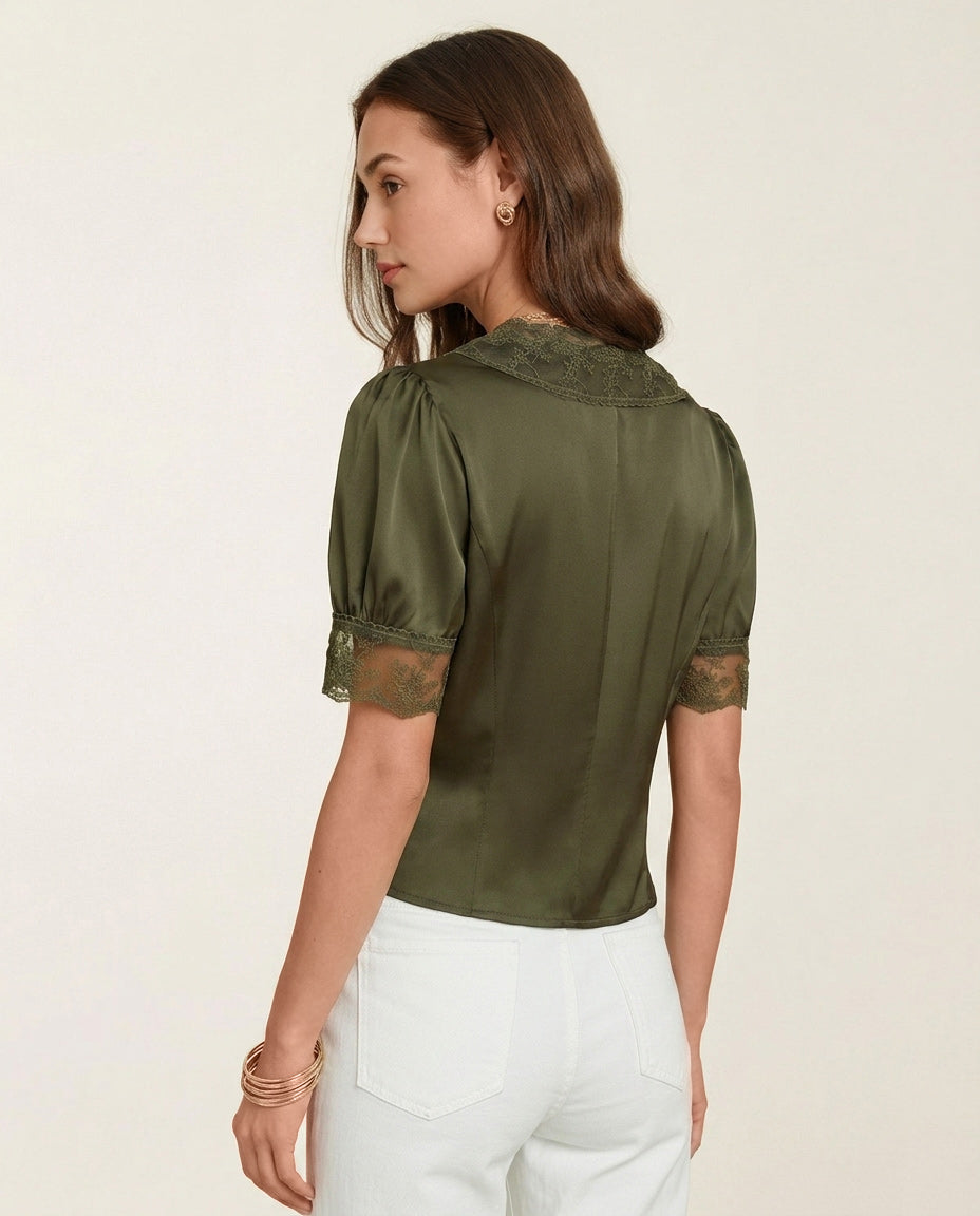 Blusa Verde Cuello V Manga Abullonada Encaje