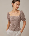 Blusa Marrón Cuello Cuadrado Manga Abullonada Cuadros