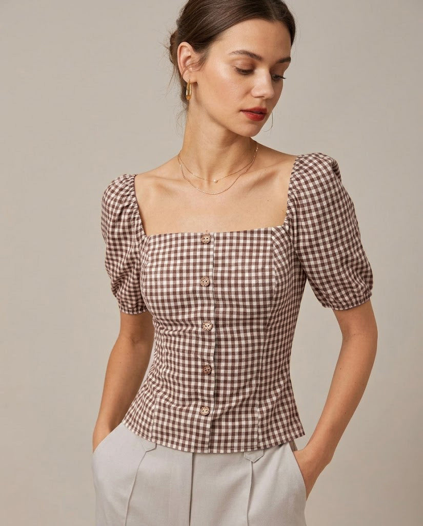 Blusa Marrón Cuello Cuadrado Manga Abullonada Cuadros