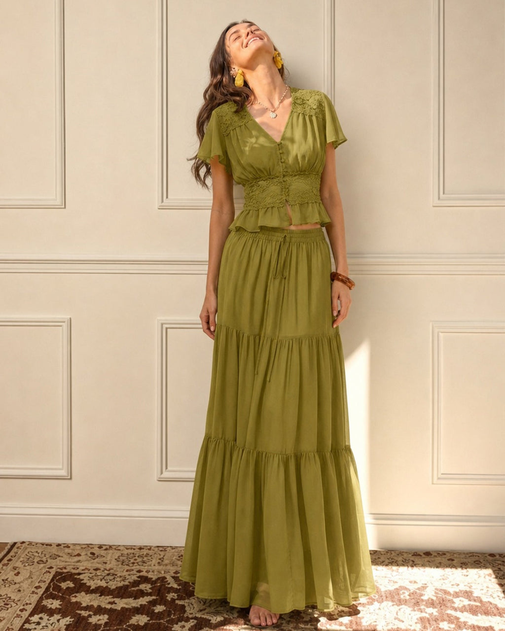 Blusa Verde Cuello V Fruncido
