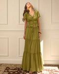 Blusa Verde Cuello V Fruncido