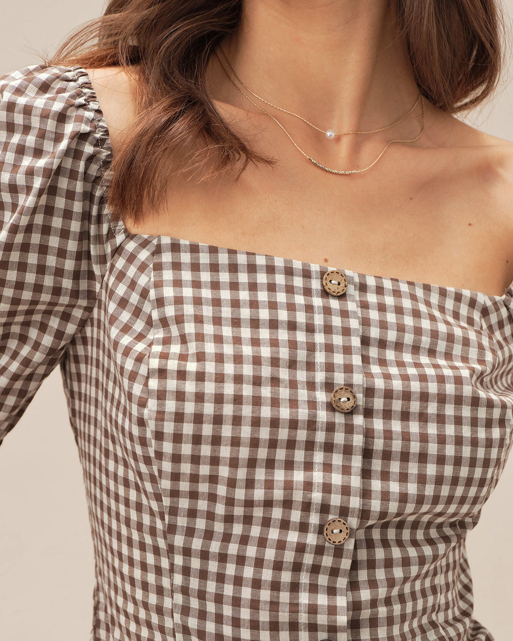 Blusa Marrón Cuello Cuadrado Manga Abullonada Cuadros