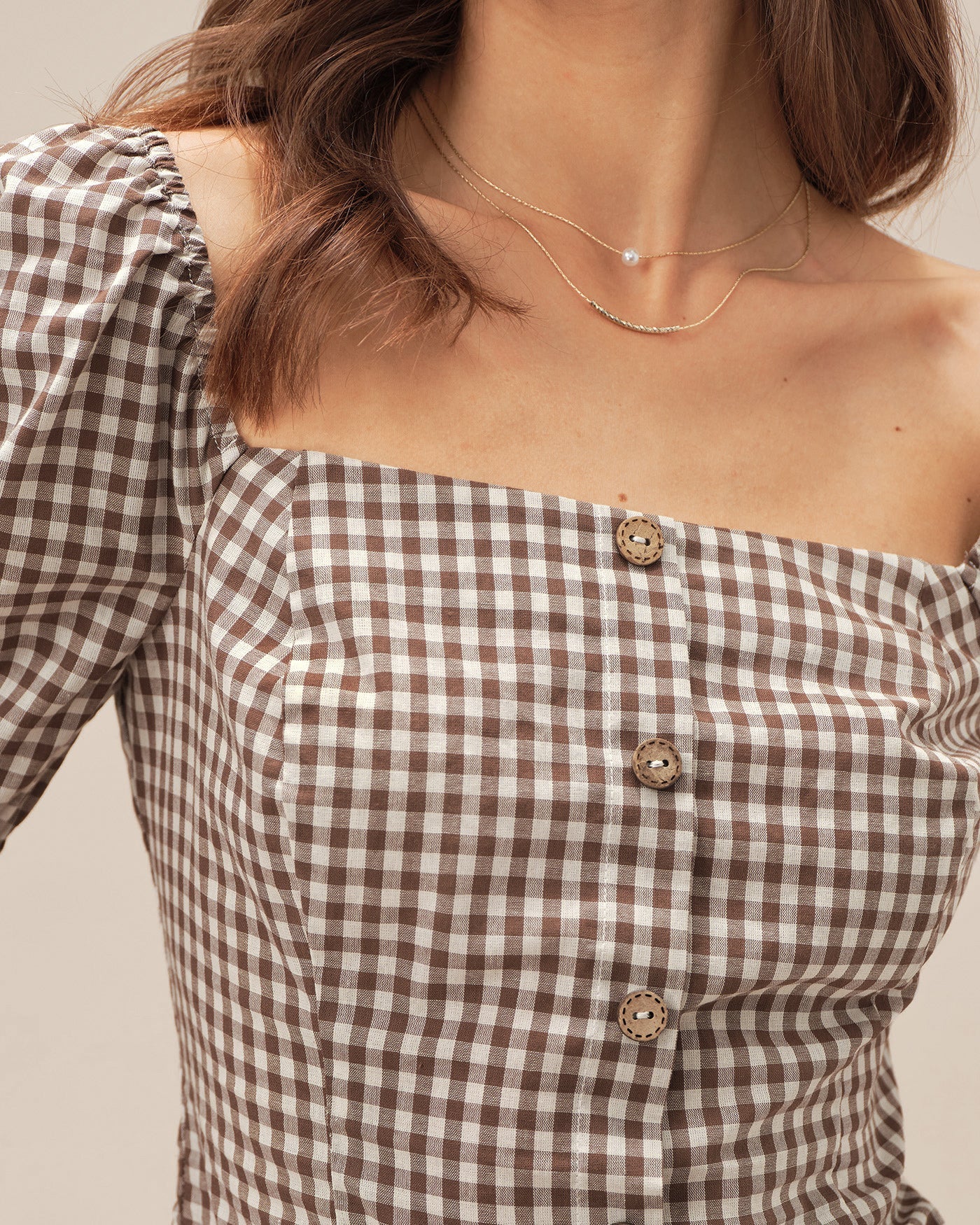 Blusa Marrón Cuello Cuadrado Manga Abullonada Cuadros