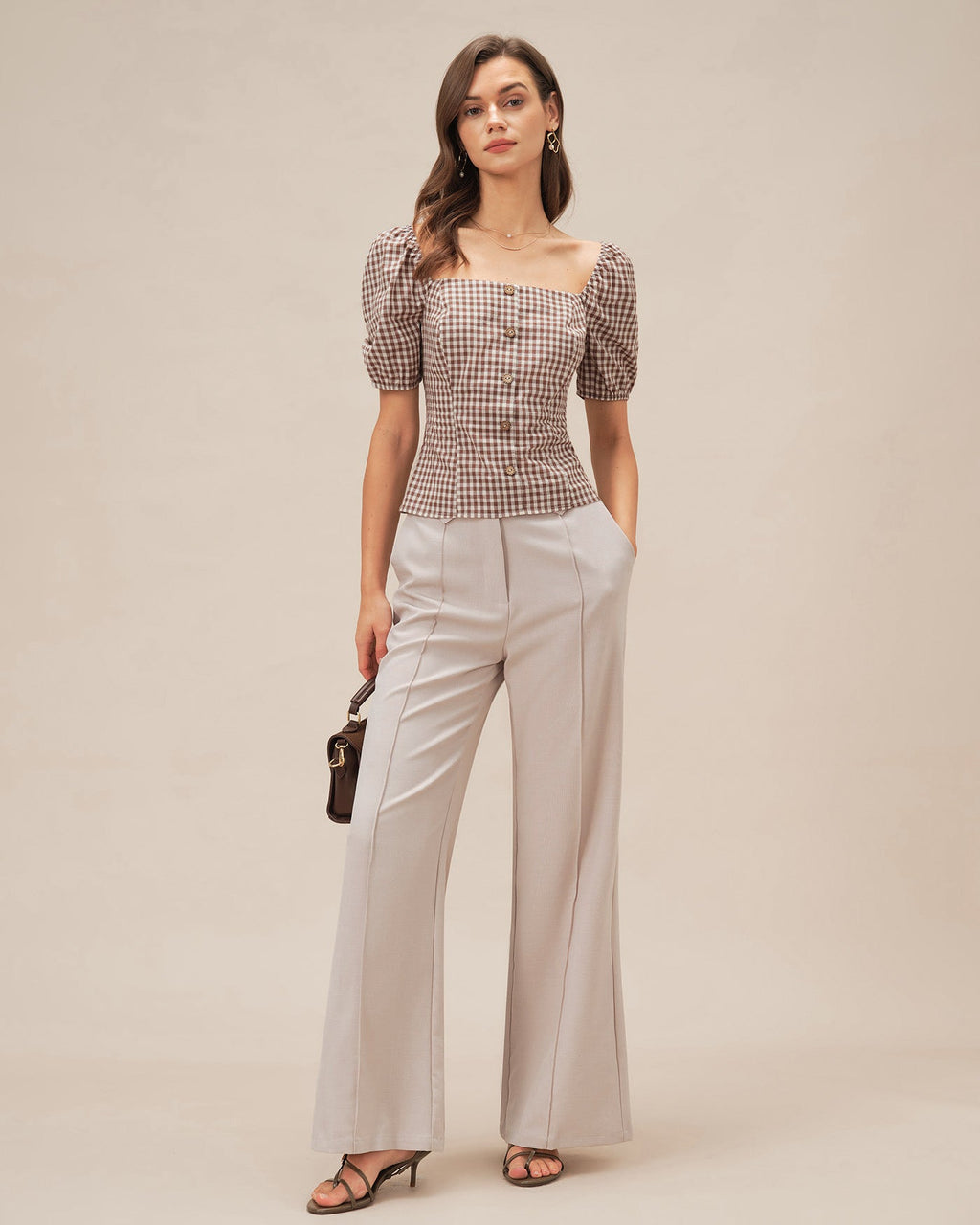 Blusa Marrón Cuello Cuadrado Manga Abullonada Cuadros