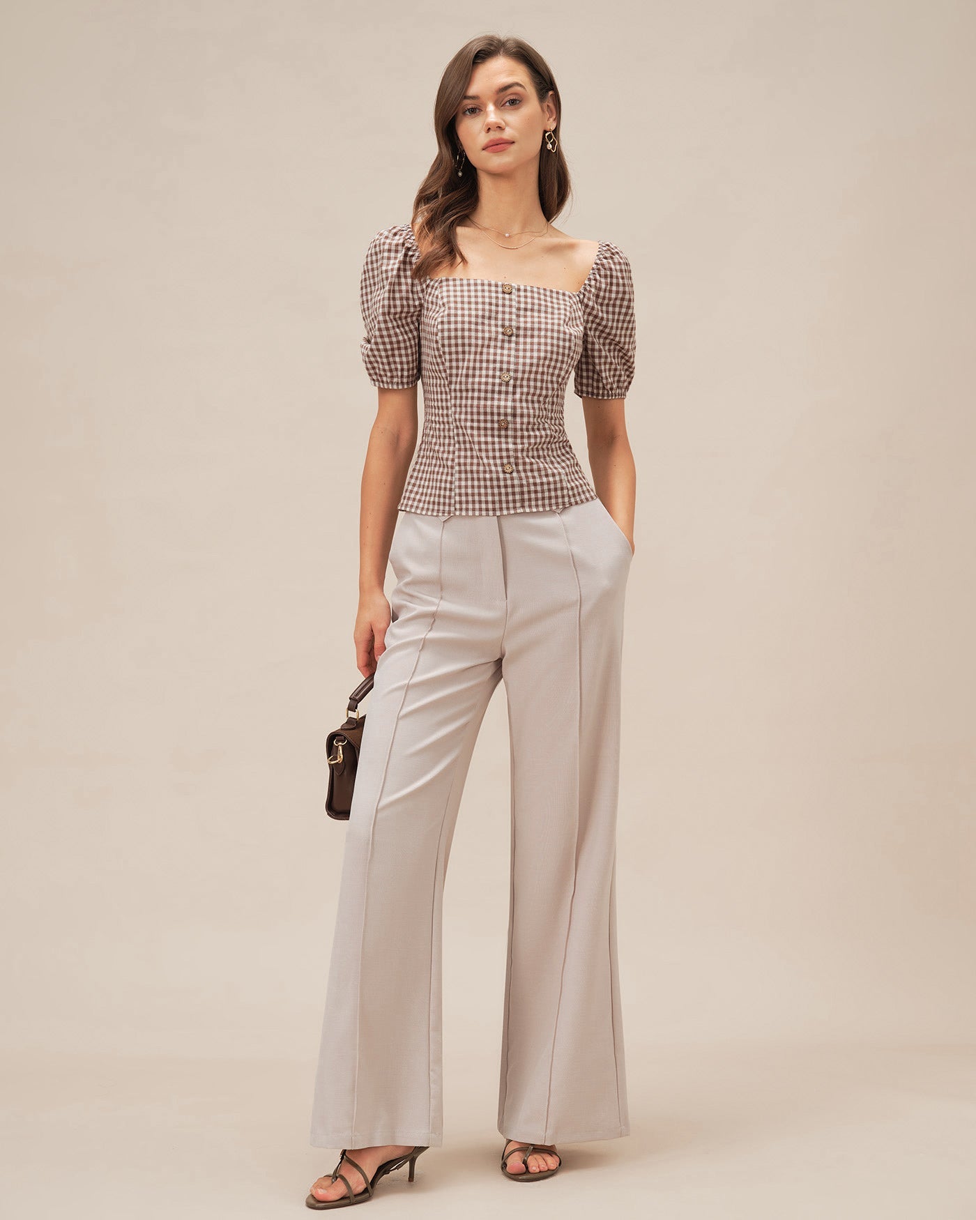 Blusa Marrón Cuello Cuadrado Manga Abullonada Cuadros