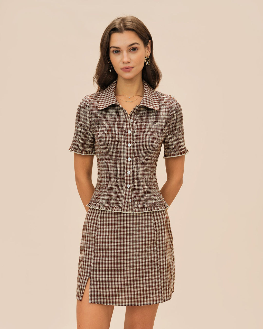 Blusa Marrón Cuadros Botones Cuello