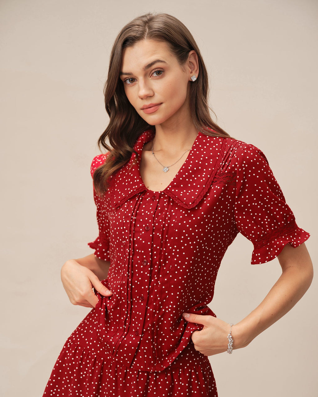 Blusa Roja Manga Abullonada Lunares Cuello