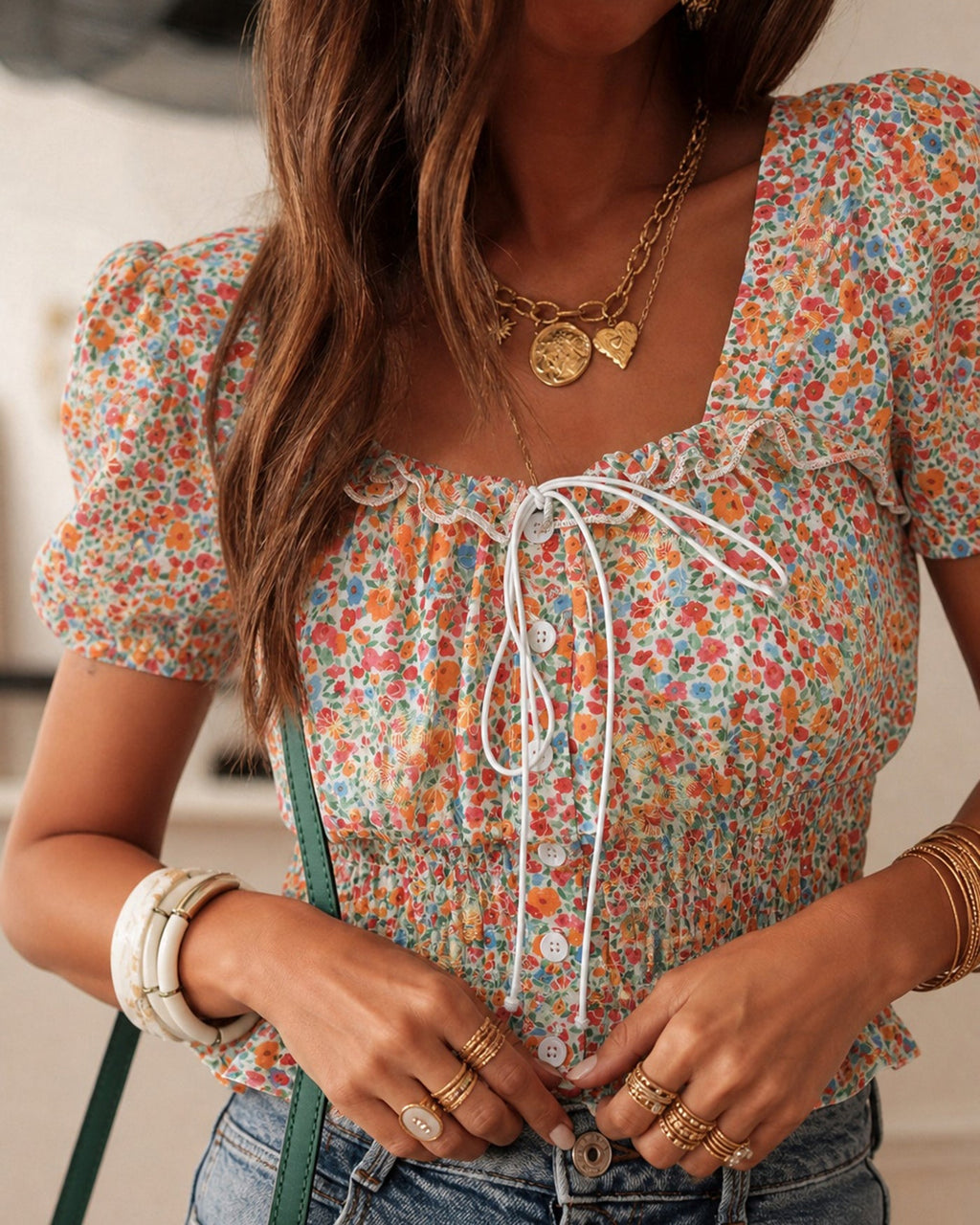 Blusa Floral Cuello Cuadrado Manga Abullonada