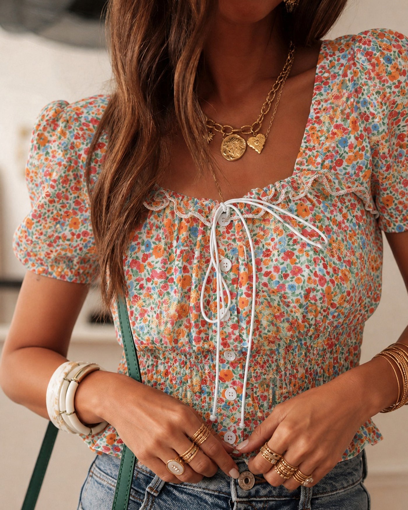 Blusa Floral Cuello Cuadrado Manga Abullonada