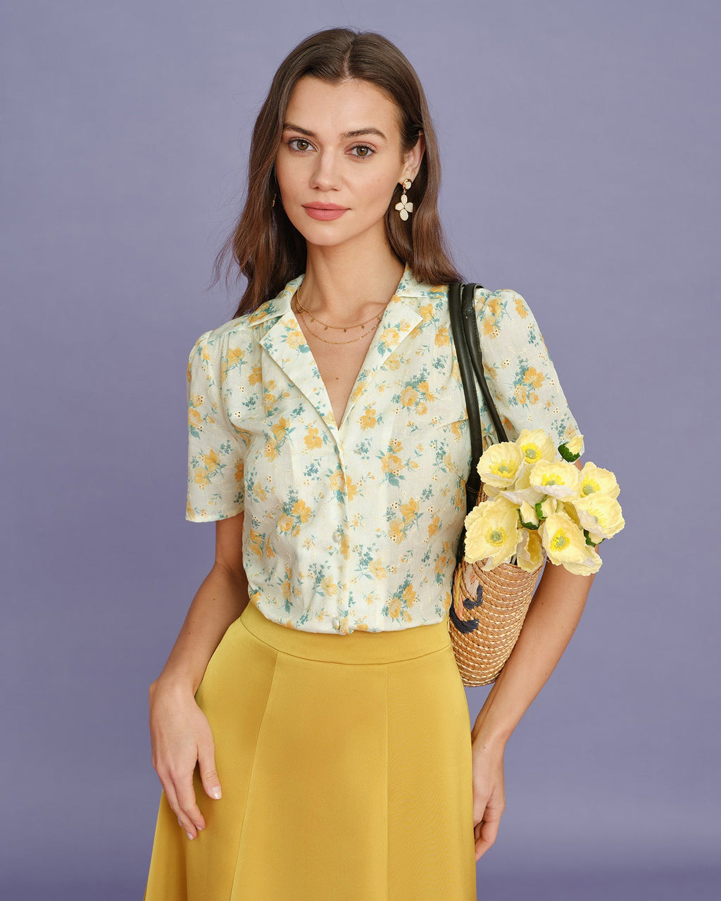 Blusa Amarilla Cuello Manga Abullonada Floral