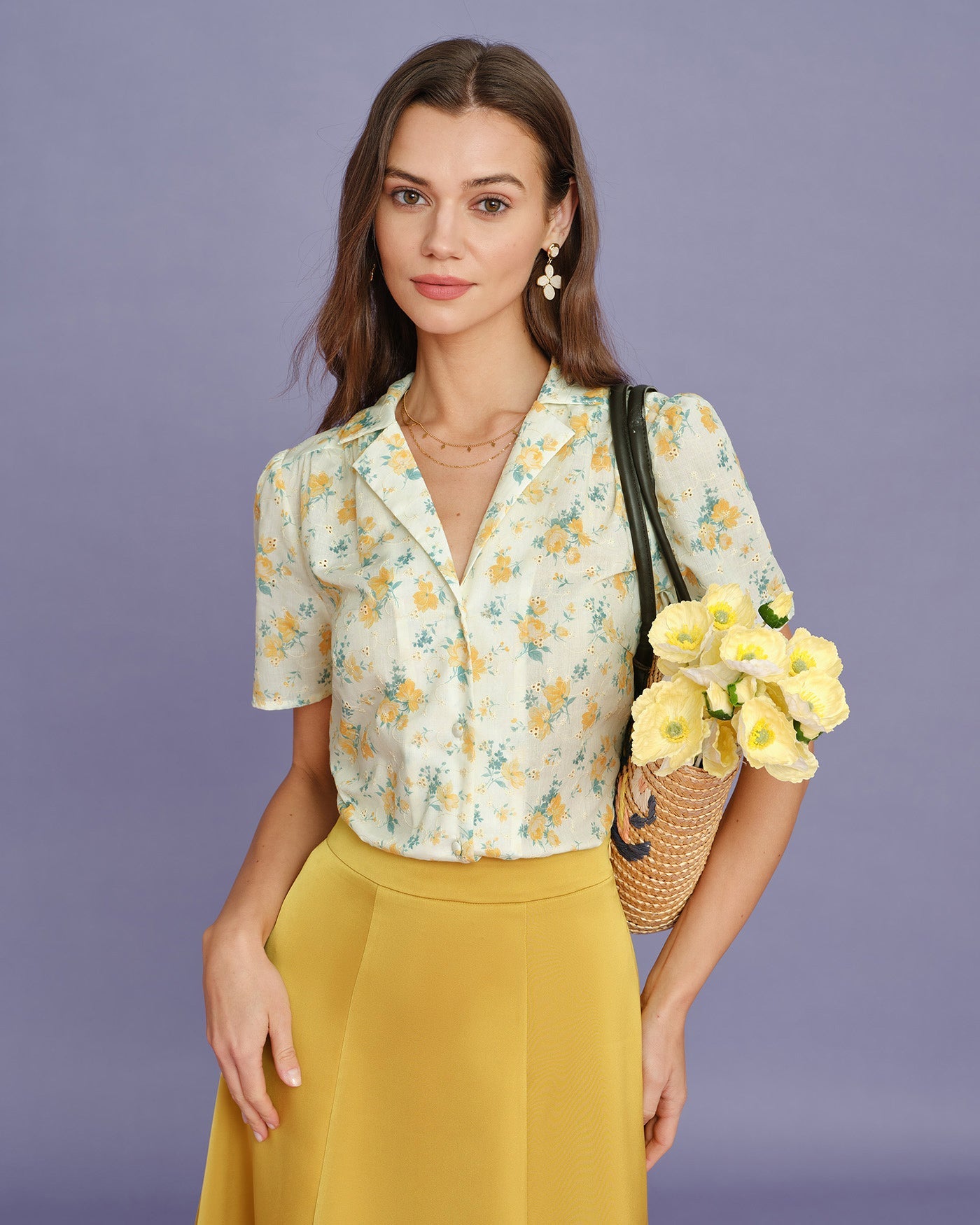 Blusa Amarilla Cuello Manga Abullonada Floral