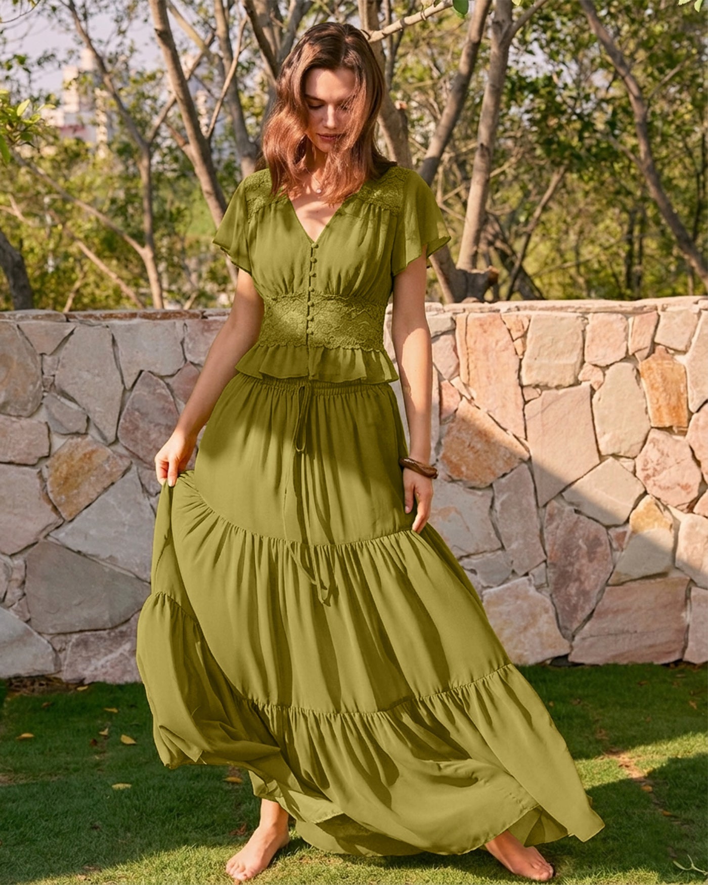 Blusa Verde Cuello V Fruncido