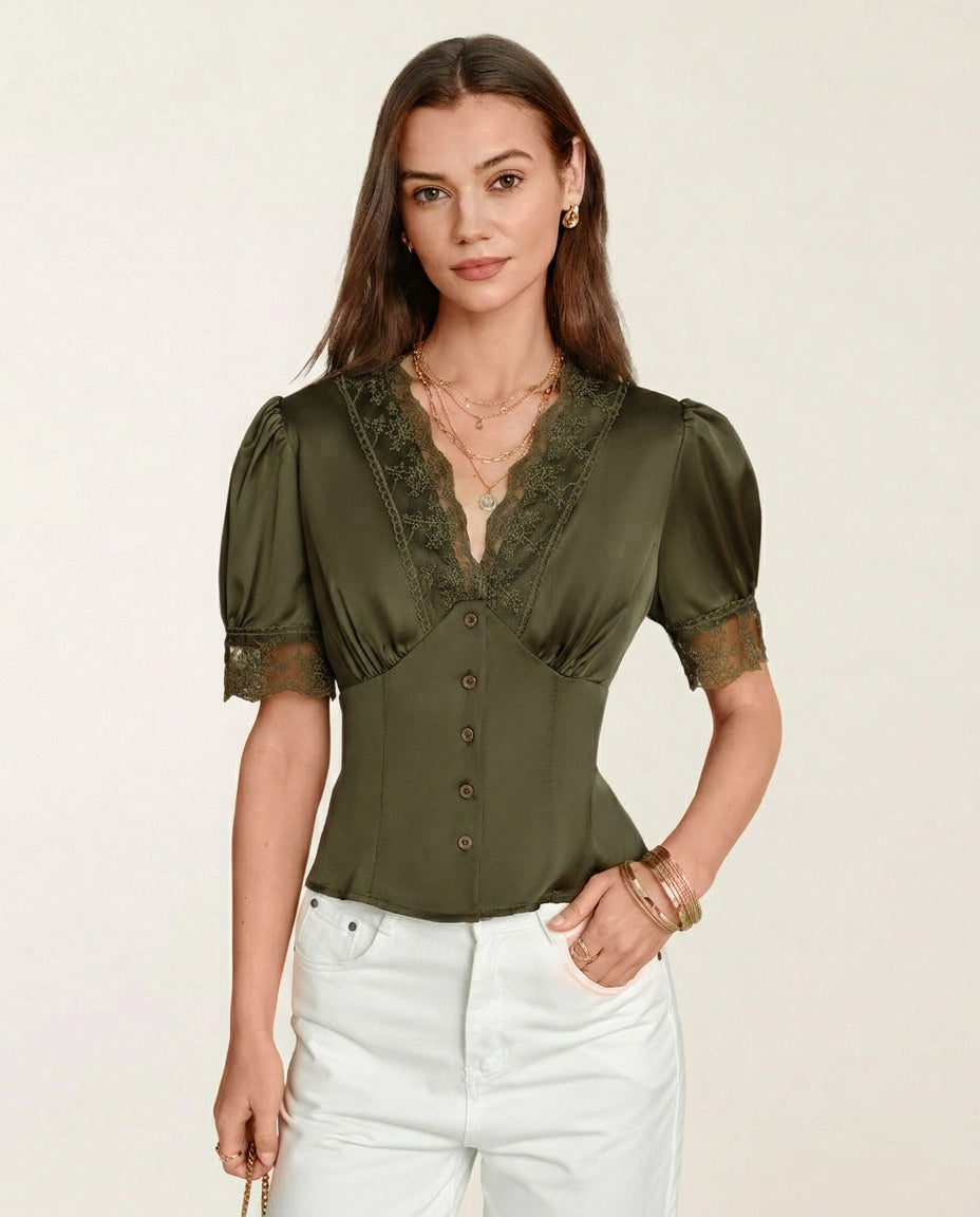 Blusa Verde Cuello V Manga Abullonada Encaje