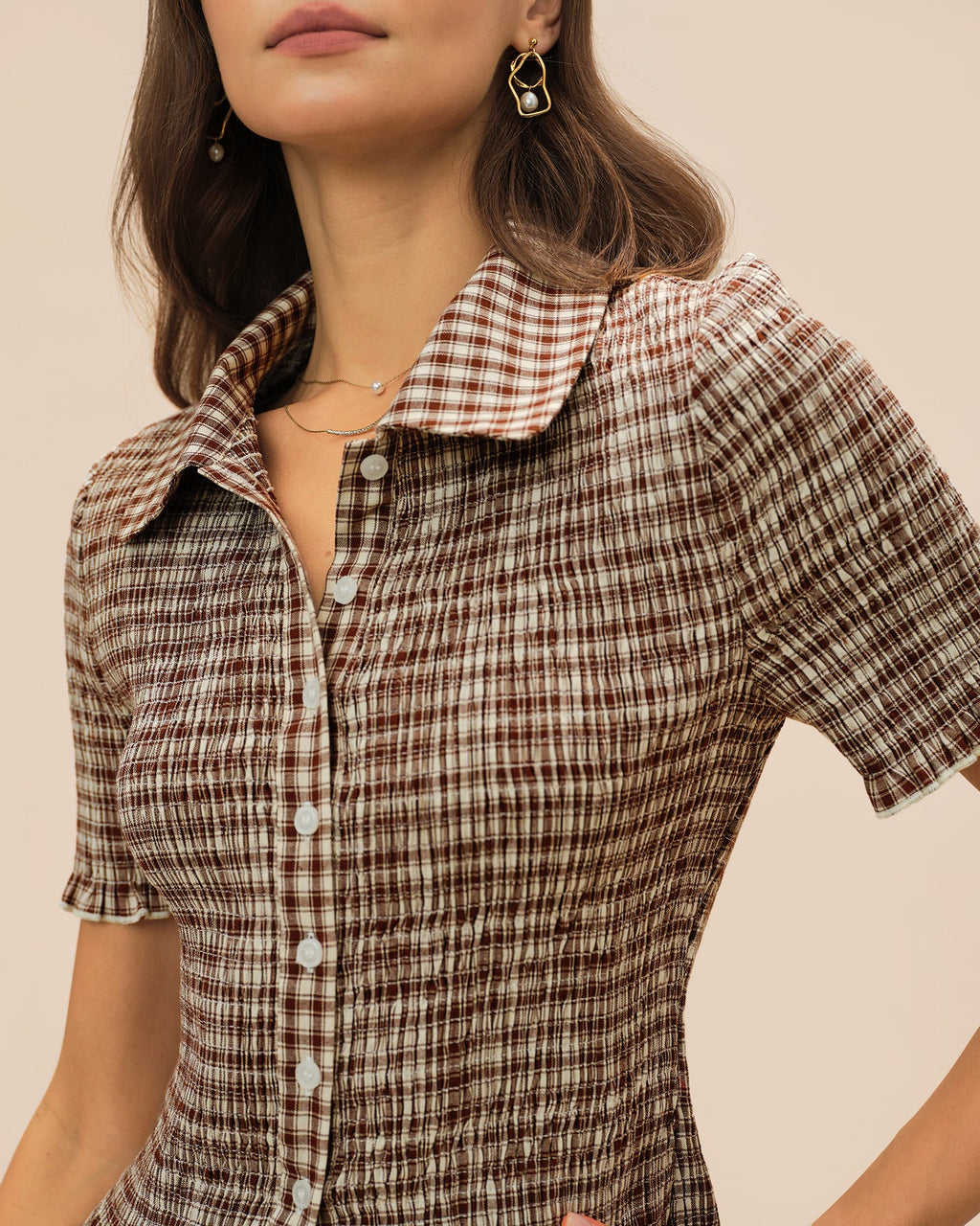 Blusa Marrón Cuadros Botones Cuello