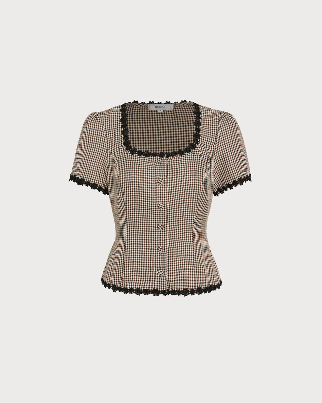 Blusa Café Cuello Cuadrado Cuadros