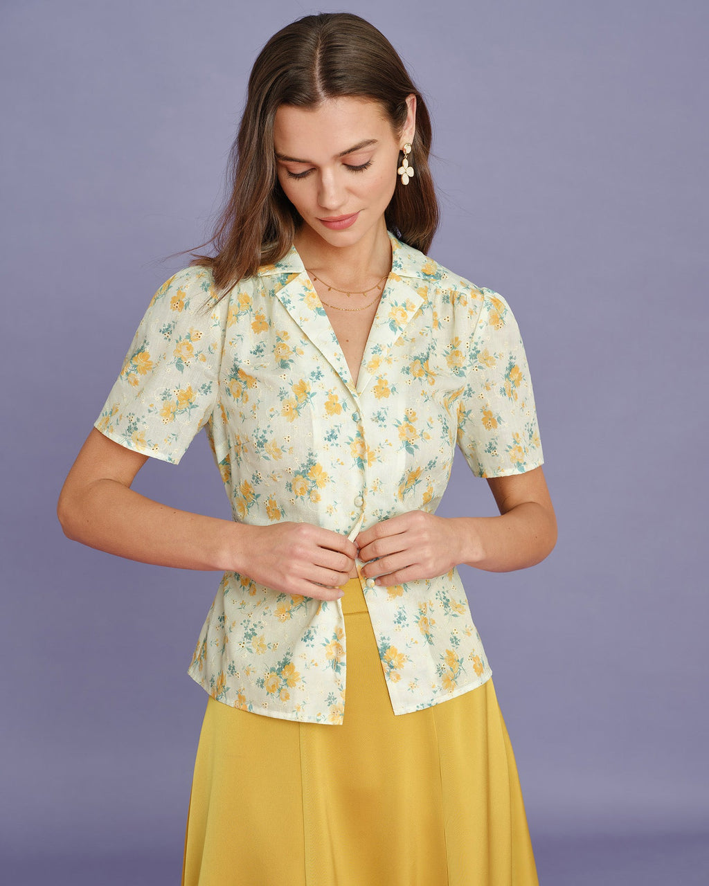 Blusa Amarilla Cuello Manga Abullonada Floral