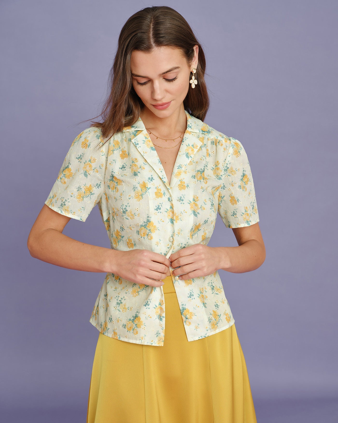 Blusa Amarilla Cuello Manga Abullonada Floral