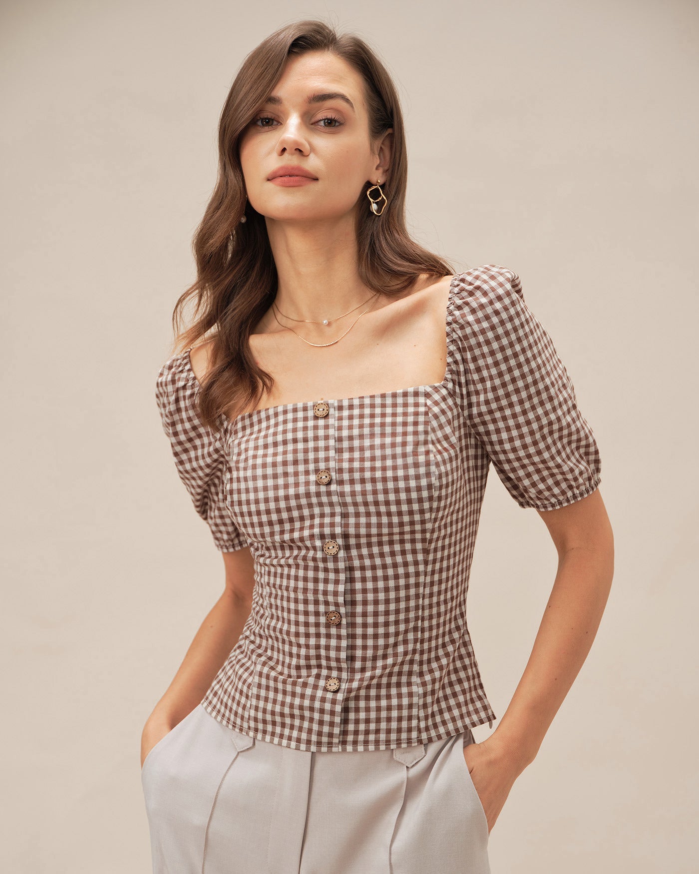 Blusa Marrón Cuello Cuadrado Manga Abullonada Cuadros