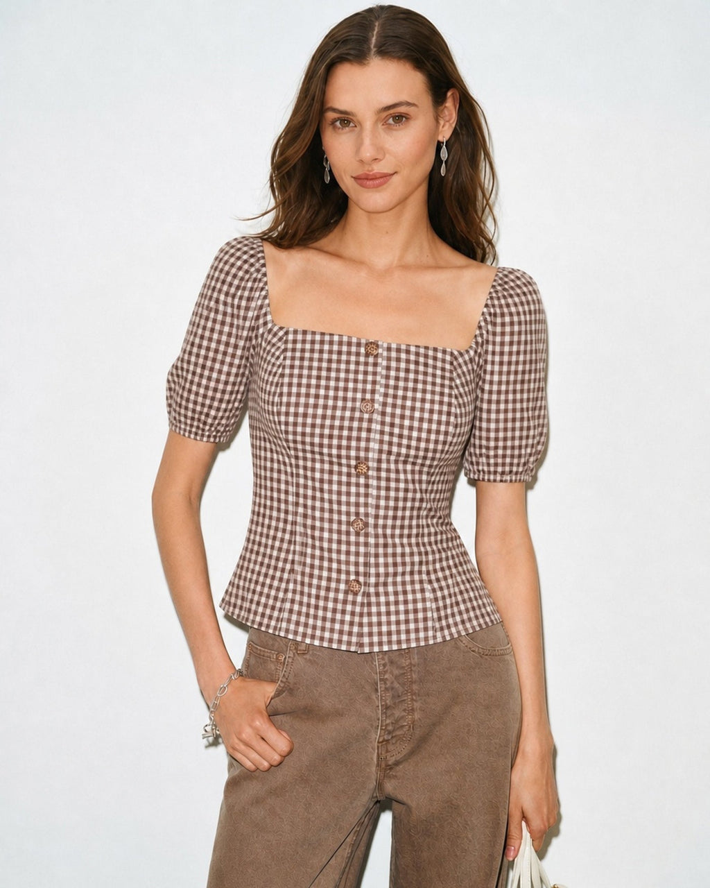 Blusa Marrón Cuello Cuadrado Manga Abullonada Cuadros