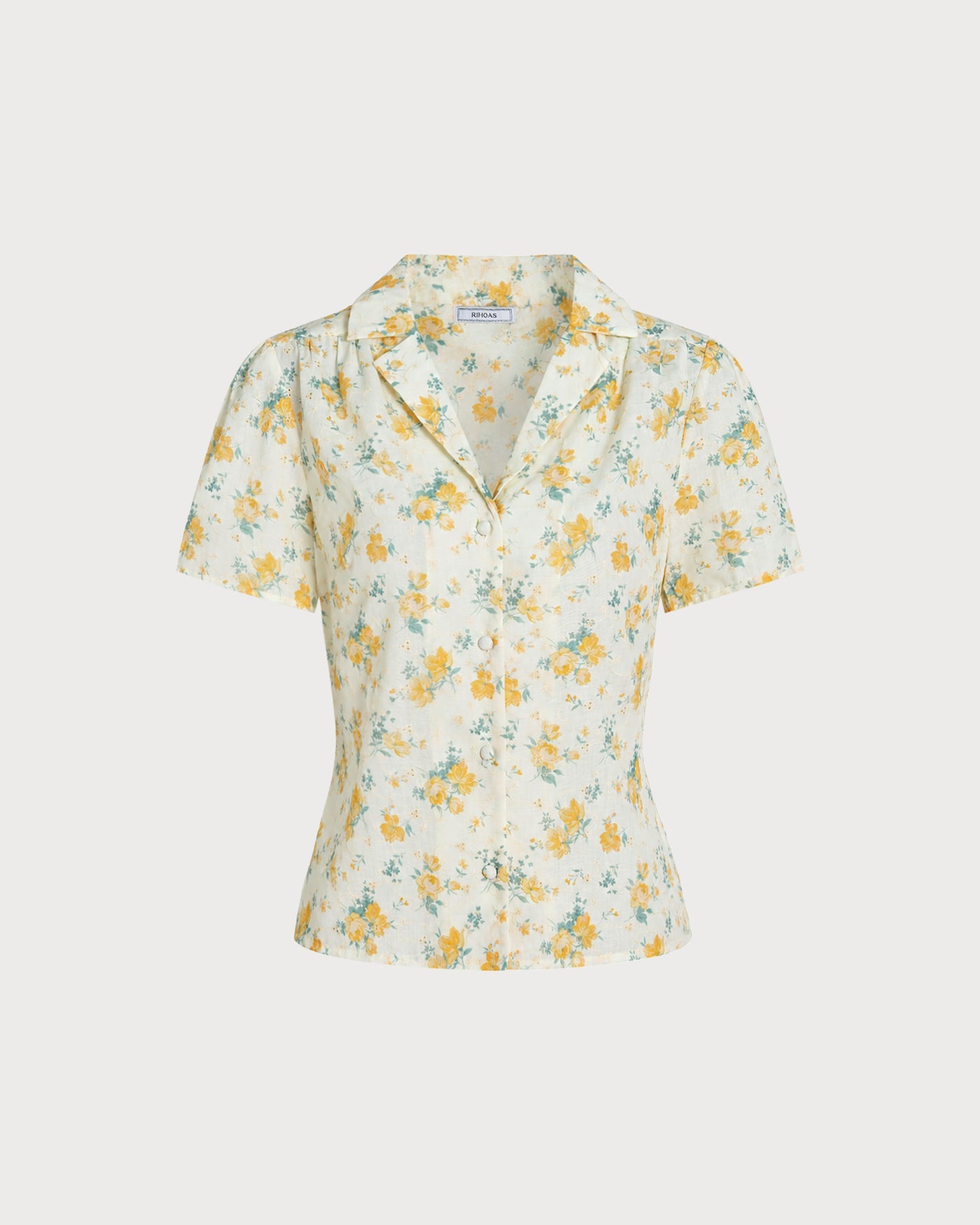 Blusa Amarilla Cuello Manga Abullonada Floral