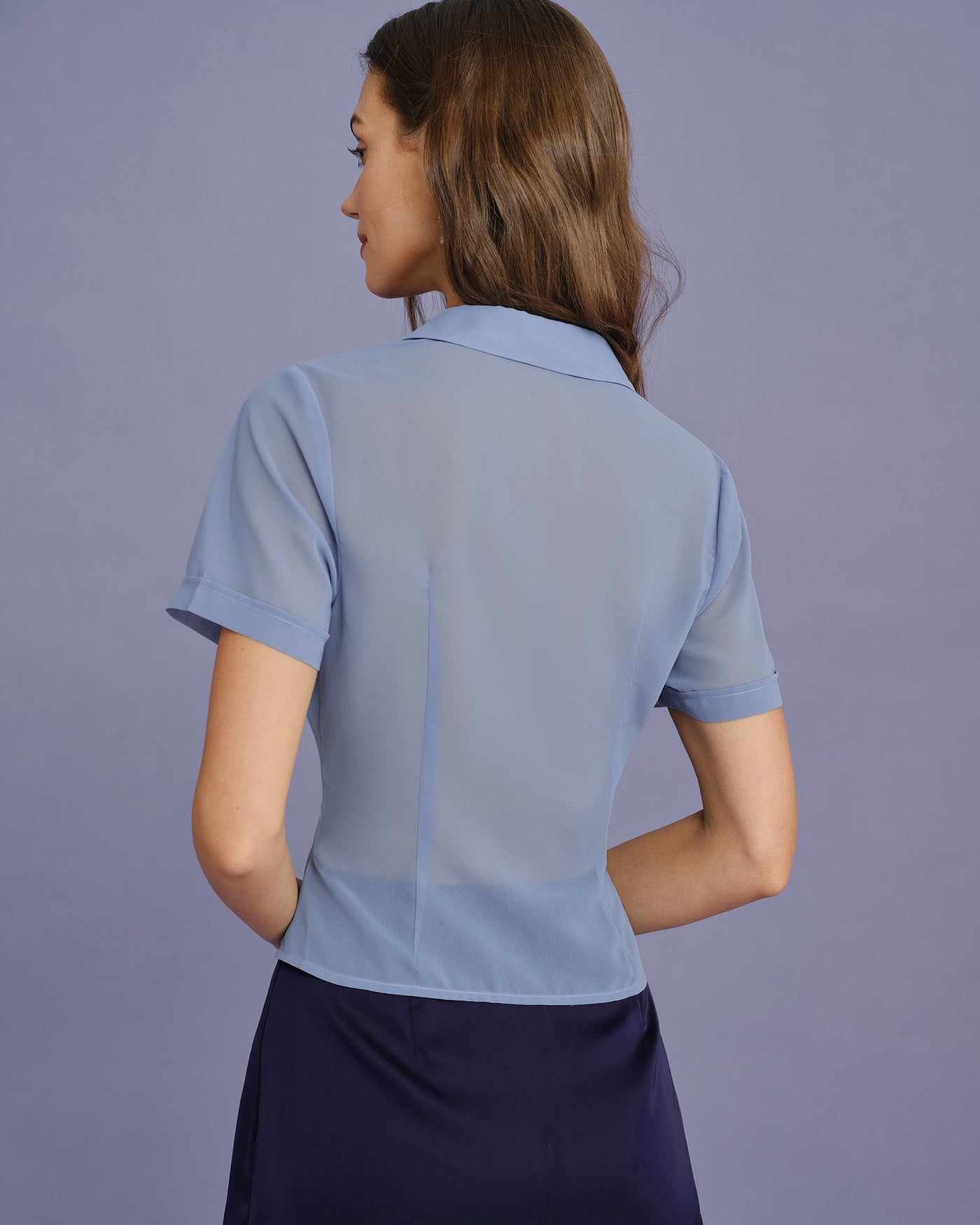 Blusa Azul Cuello Botones Gasa