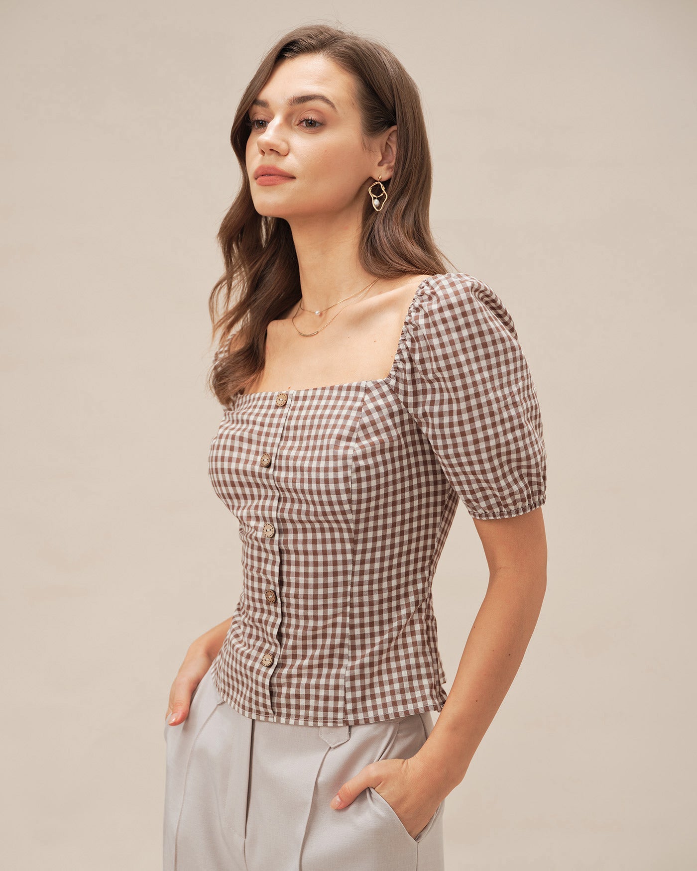 Blusa Marrón Cuello Cuadrado Manga Abullonada Cuadros
