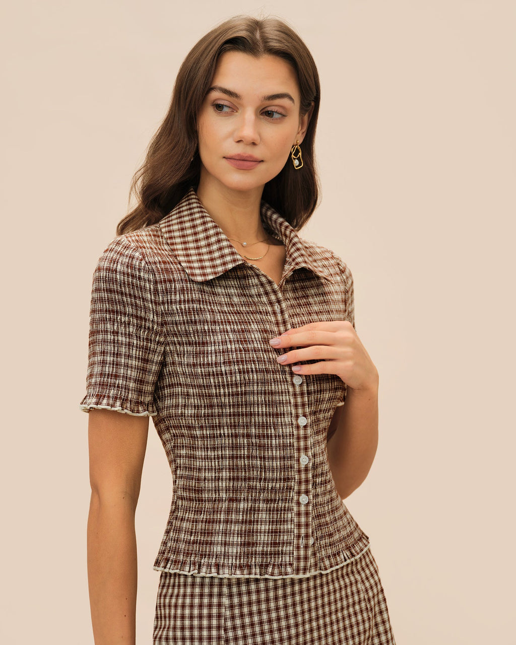 Blusa Marrón Cuadros Botones Cuello