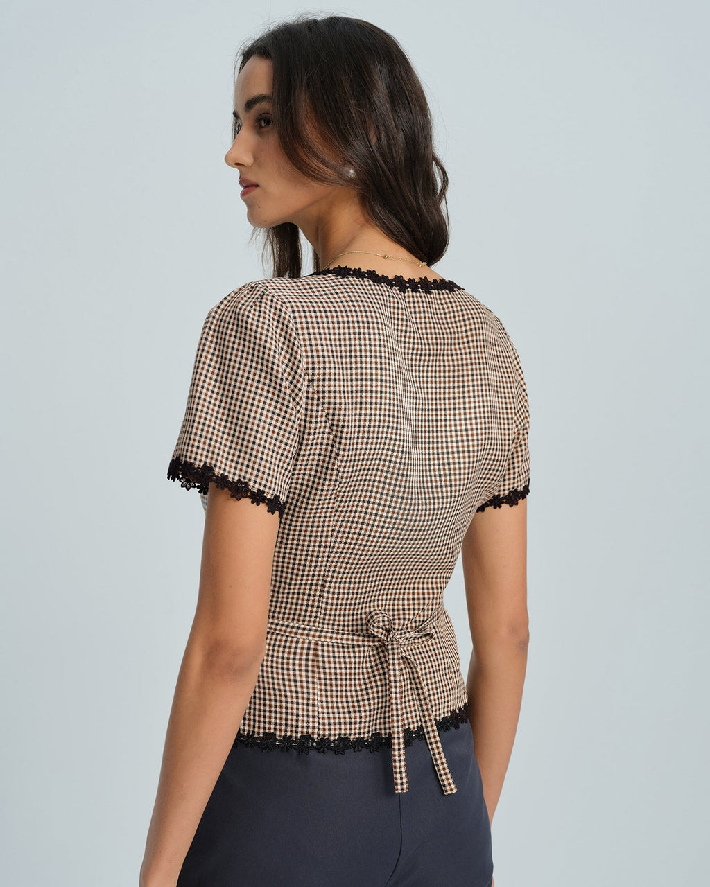 Blusa Café Cuello Cuadrado Cuadros
