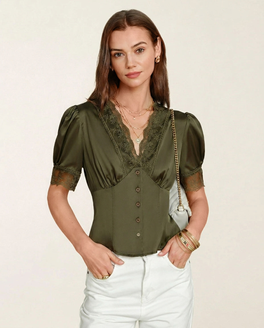 Blusa Verde Cuello V Manga Abullonada Encaje