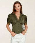 Blusa Verde Cuello V Manga Abullonada Encaje