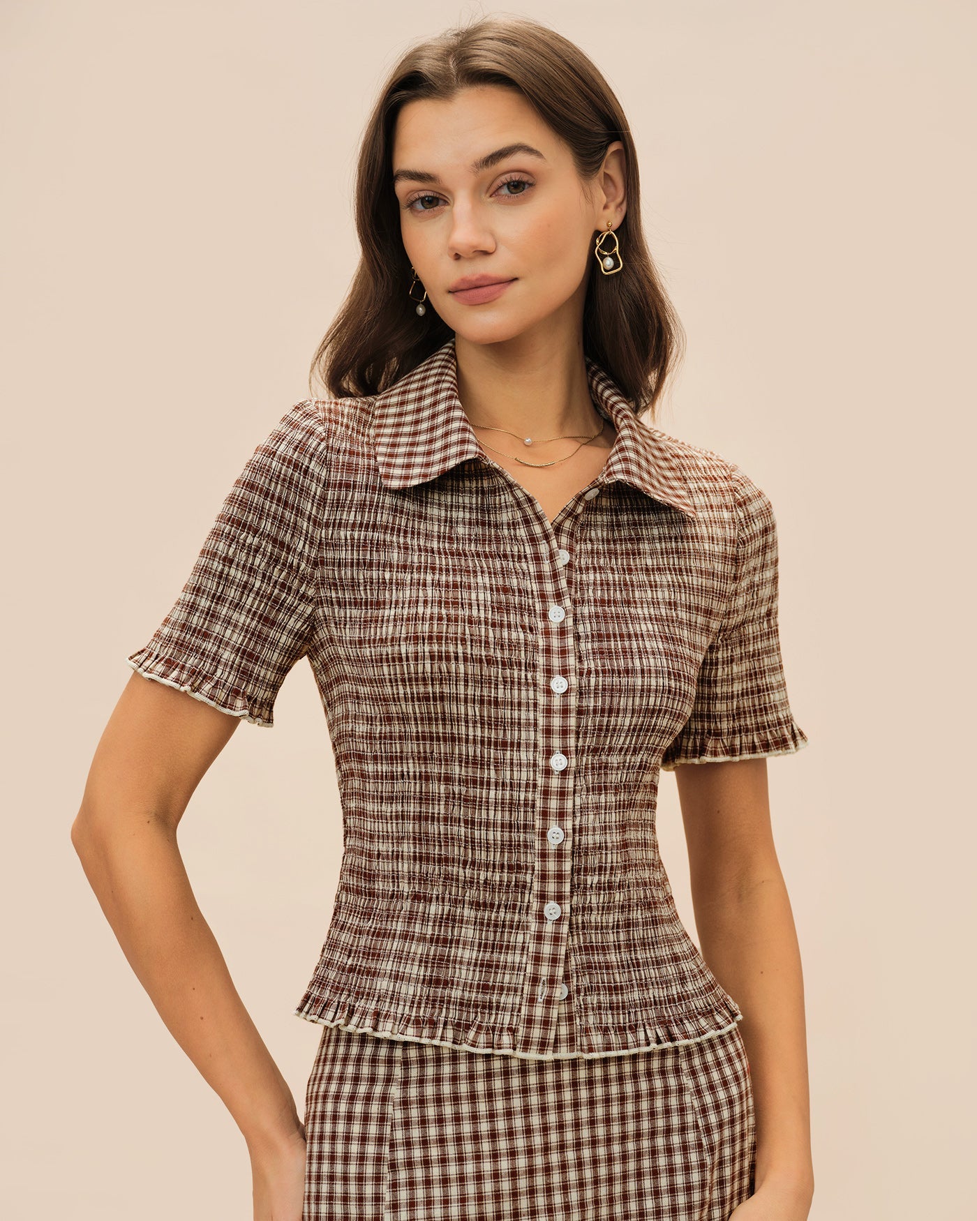 Blusa Marrón Cuadros Botones Cuello
