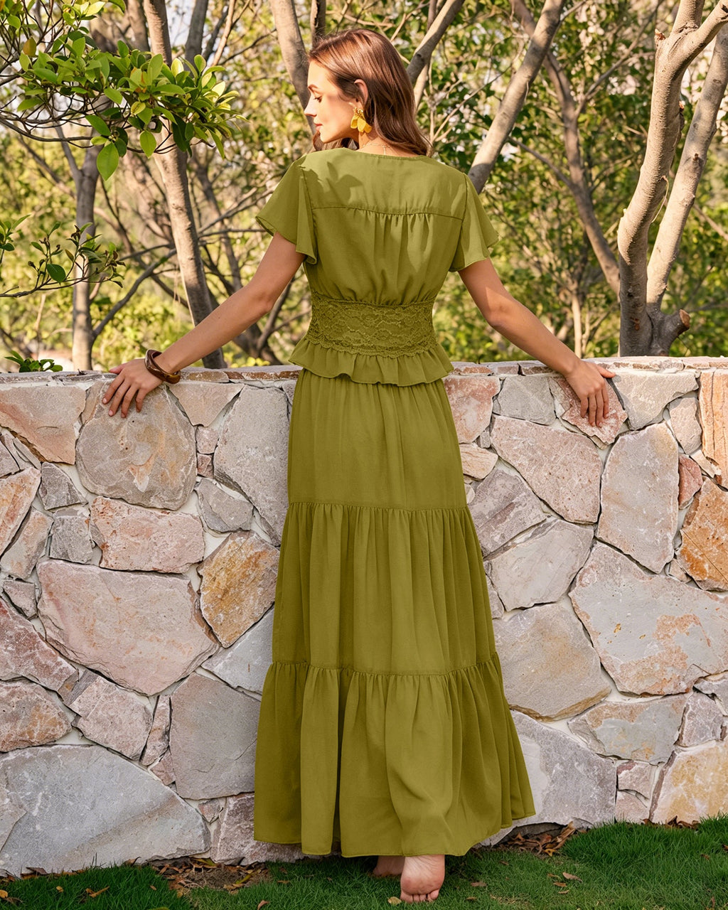 Blusa Verde Cuello V Fruncido