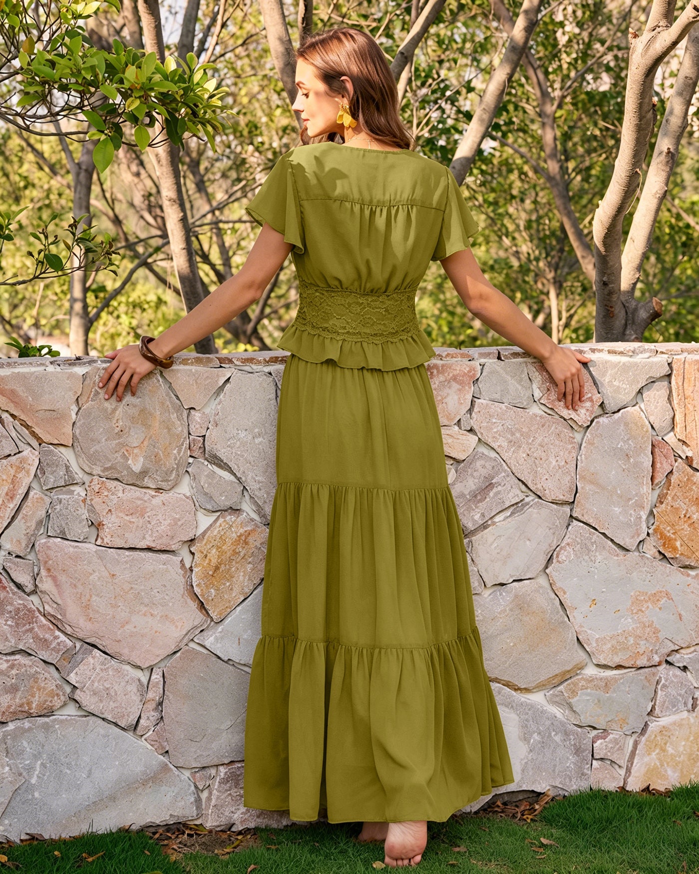 Blusa Verde Cuello V Fruncido