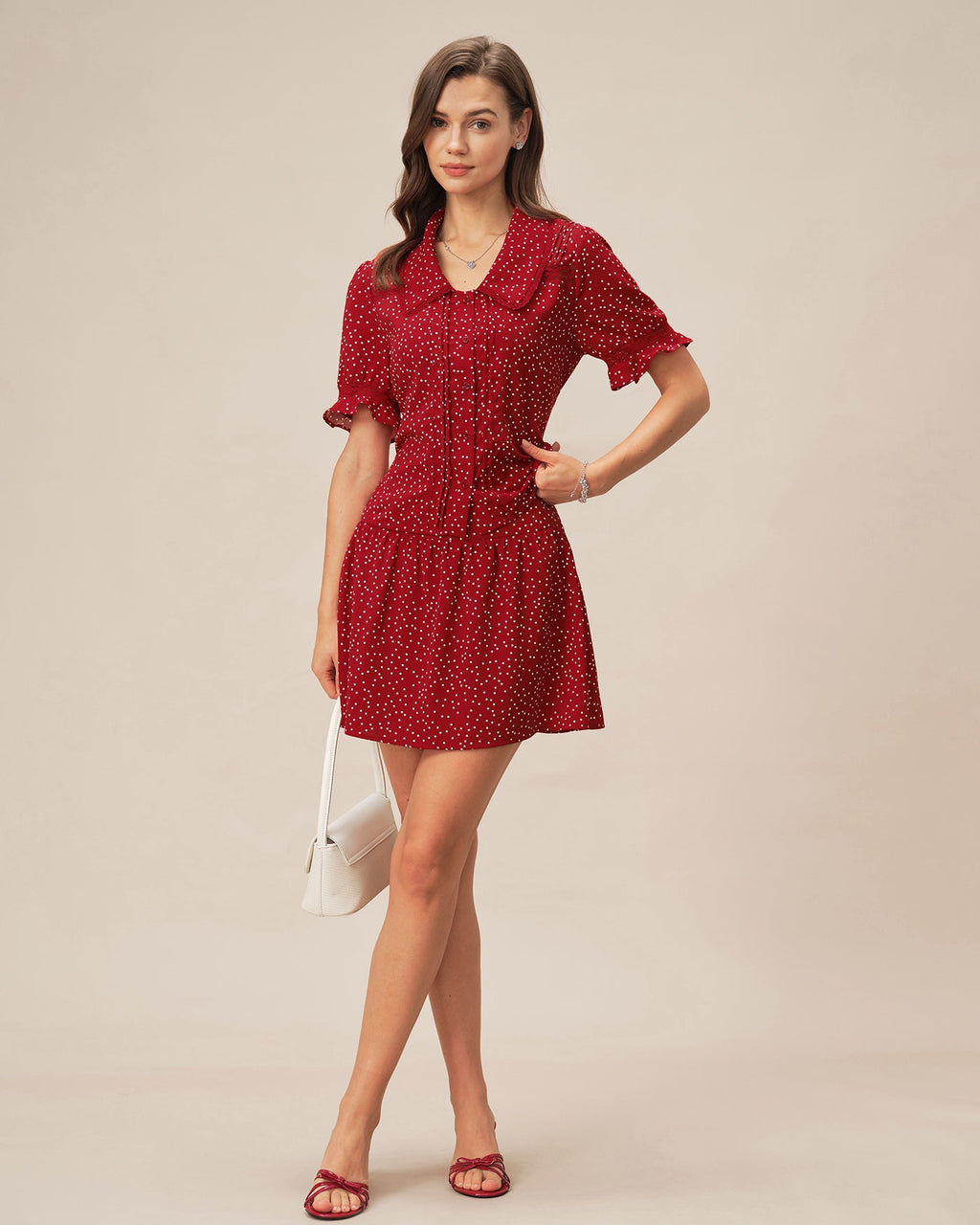 Blusa Roja Manga Abullonada Lunares Cuello