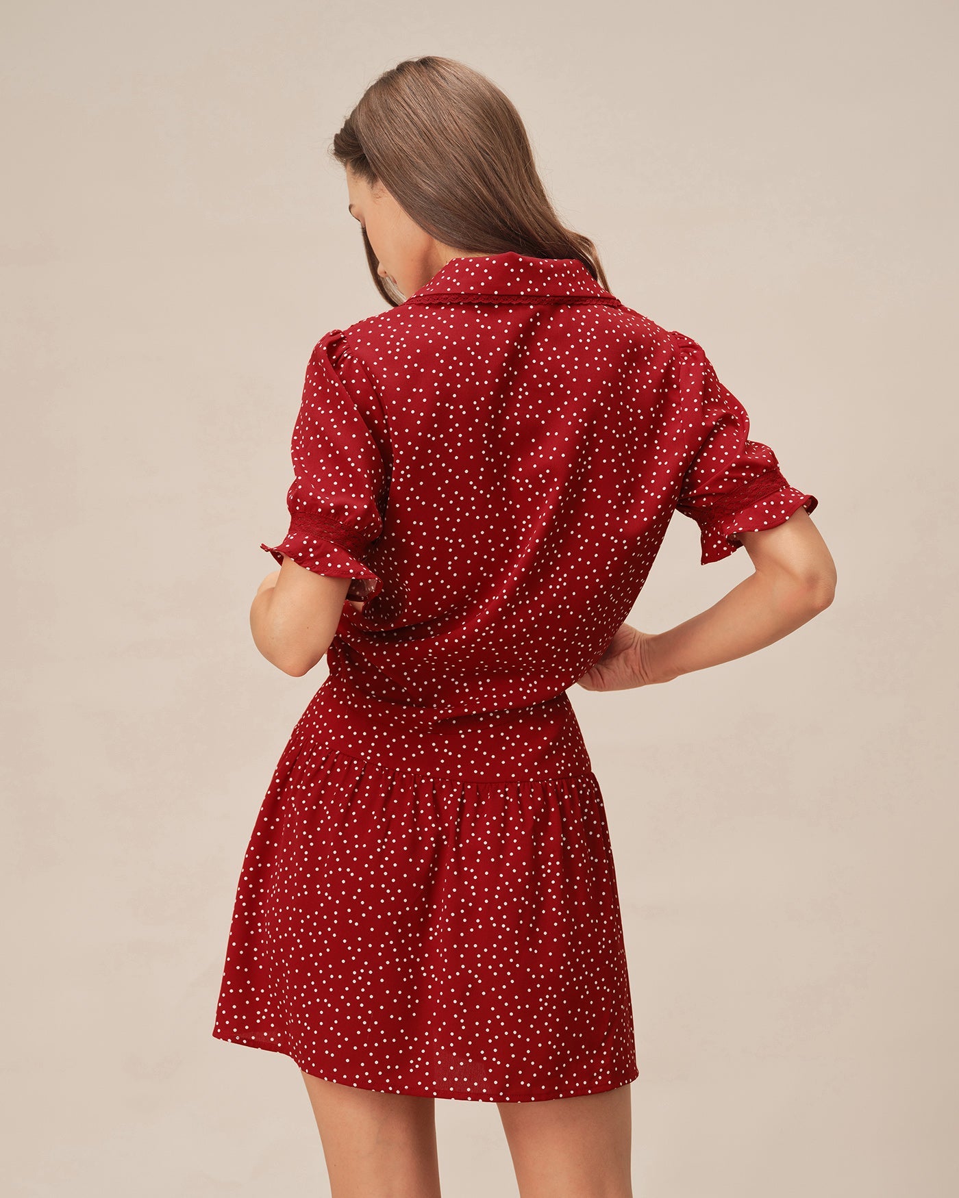 Blusa Roja Manga Abullonada Lunares Cuello