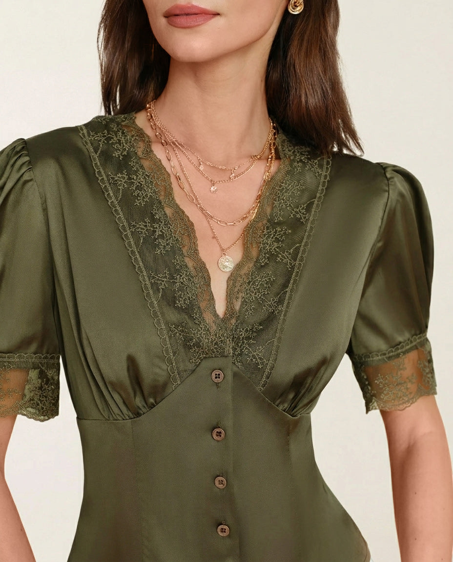 Blusa Verde Cuello V Manga Abullonada Encaje