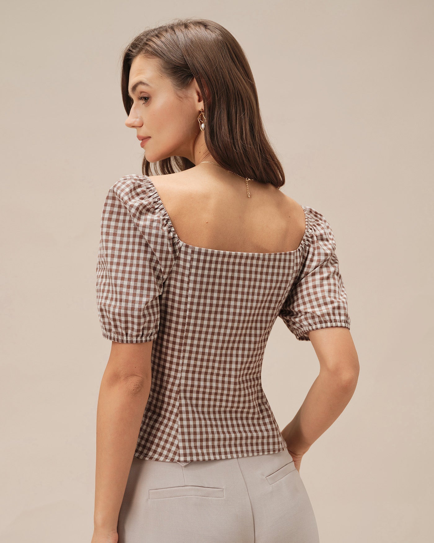 Blusa Marrón Cuello Cuadrado Manga Abullonada Cuadros